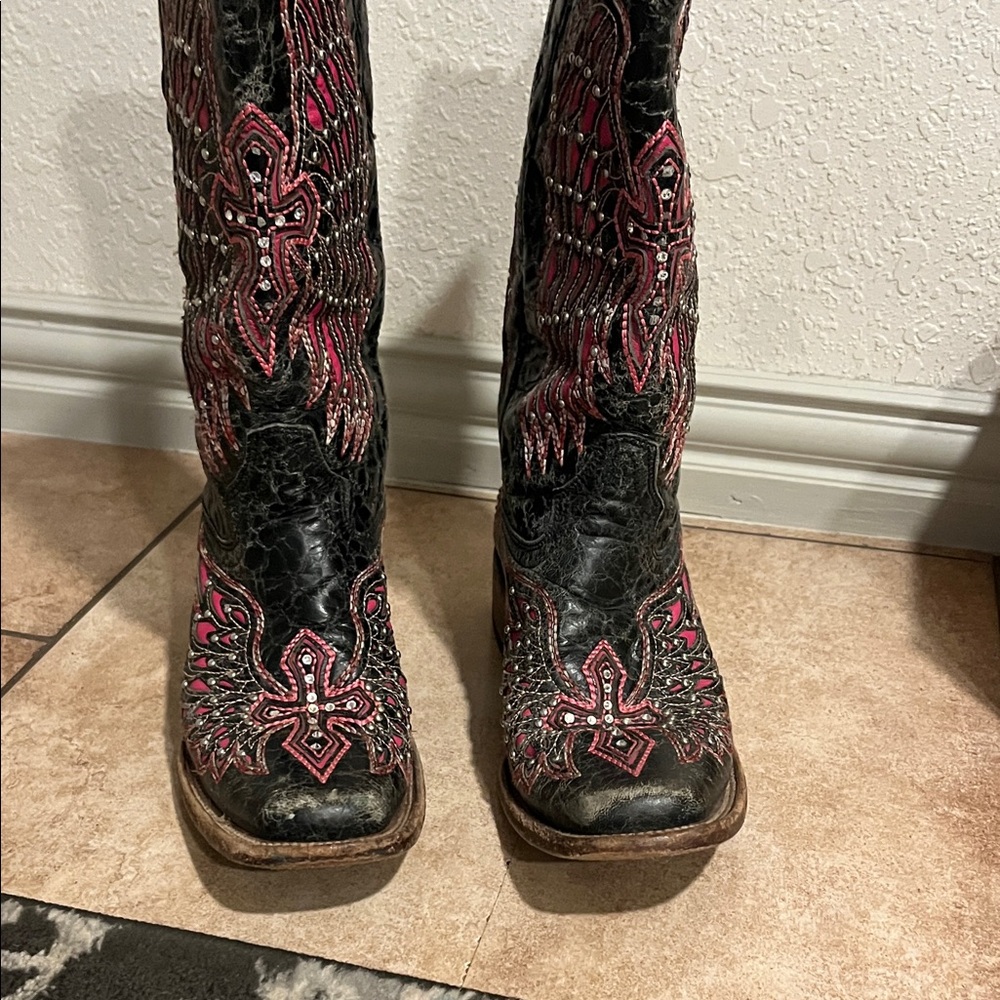 Women's Black and Pink Corral Boots
